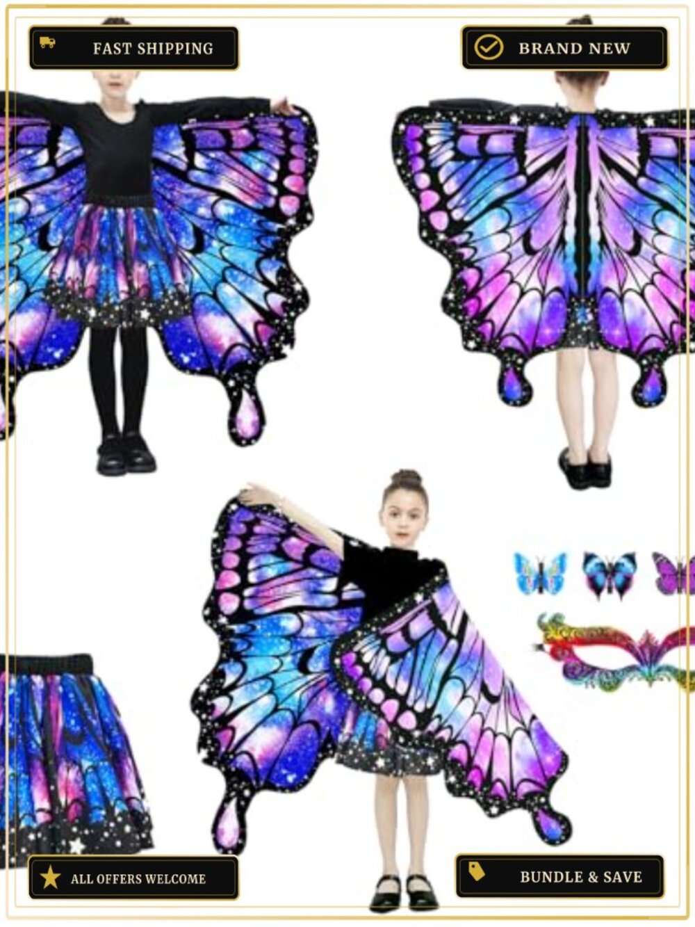 Girls Butterfly Costume Set Wings Skirt Mask Halloween Dress Up